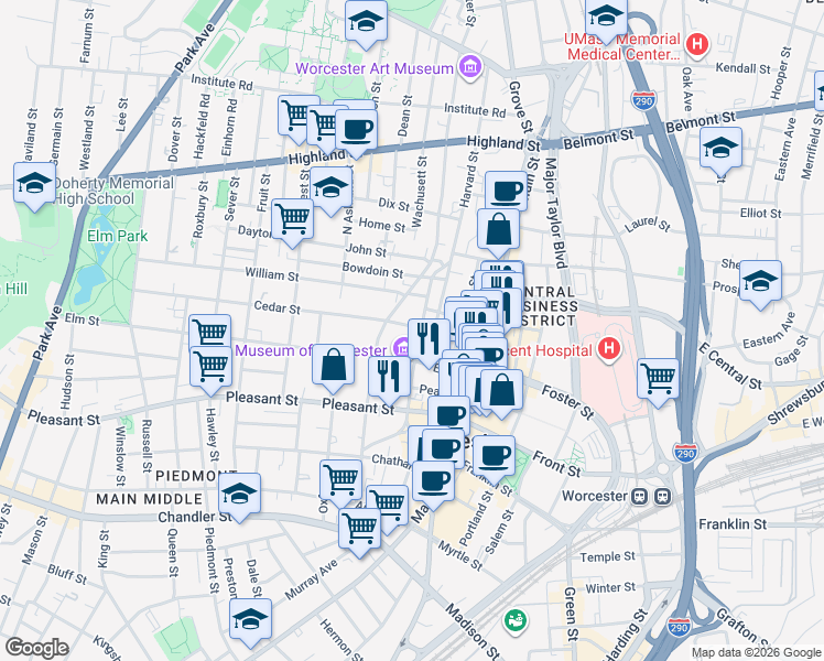 map of restaurants, bars, coffee shops, grocery stores, and more near 15 Chestnut Street in Worcester