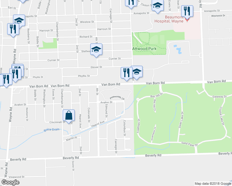 map of restaurants, bars, coffee shops, grocery stores, and more near 33975 Pinewoods Circle in Romulus