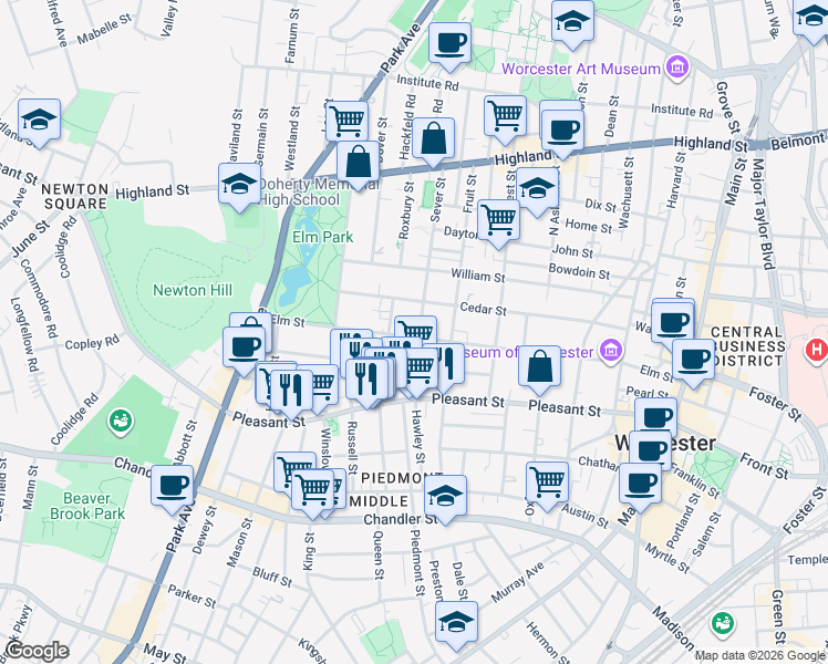 map of restaurants, bars, coffee shops, grocery stores, and more near 91 Elm Street in Worcester