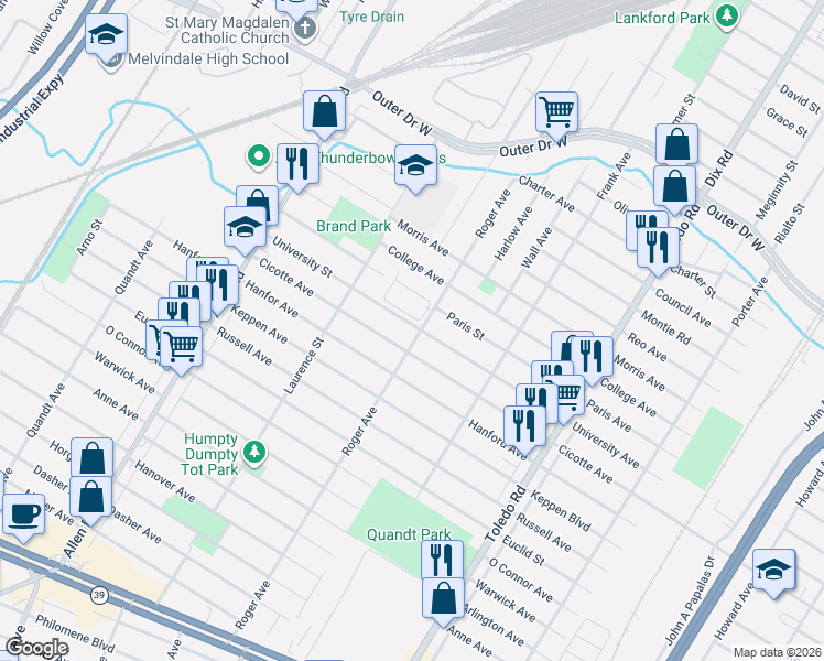 map of restaurants, bars, coffee shops, grocery stores, and more near 14717 University Street in Allen Park
