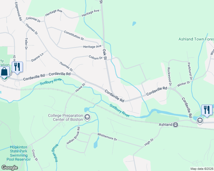 map of restaurants, bars, coffee shops, grocery stores, and more near 179 Cordaville Road in Ashland