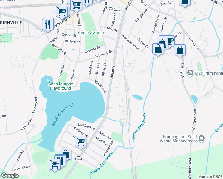 map of restaurants, bars, coffee shops, grocery stores, and more near 434 Hollis Street in Framingham