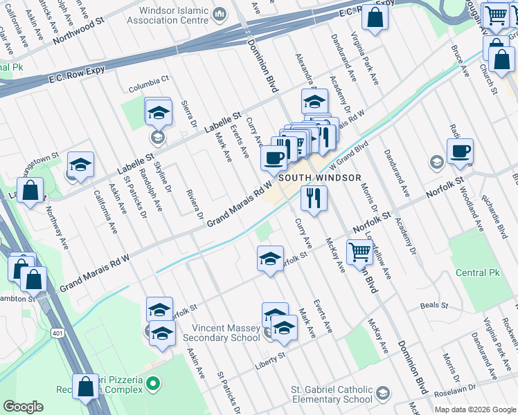 map of restaurants, bars, coffee shops, grocery stores, and more near 1535 Grand Marais Road West in Windsor