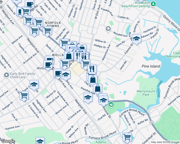 map of restaurants, bars, coffee shops, grocery stores, and more near 19 Merrymount Avenue in Quincy
