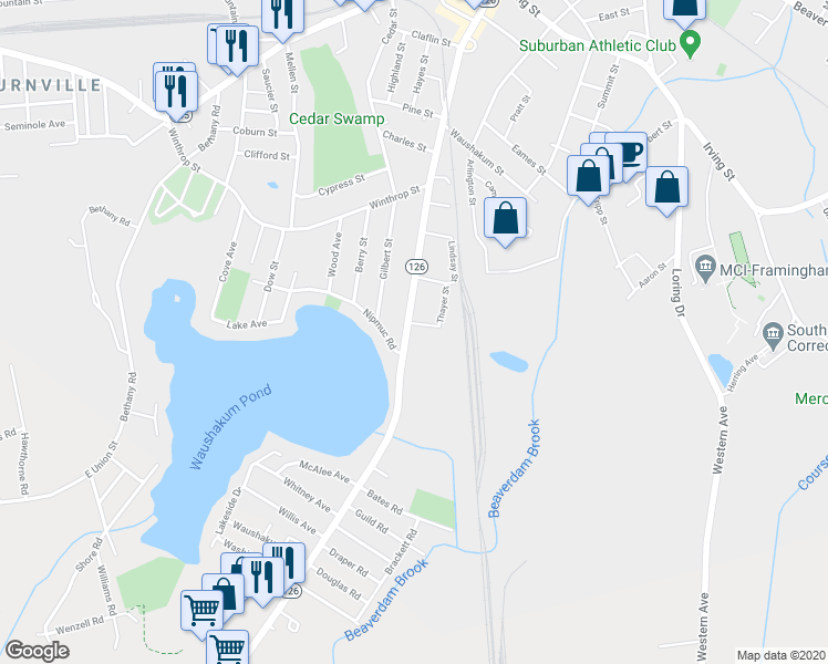 map of restaurants, bars, coffee shops, grocery stores, and more near 440 Hollis Street in Framingham