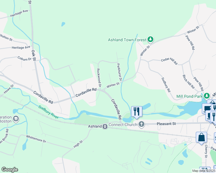 map of restaurants, bars, coffee shops, grocery stores, and more near 55 Cordaville Road in Ashland