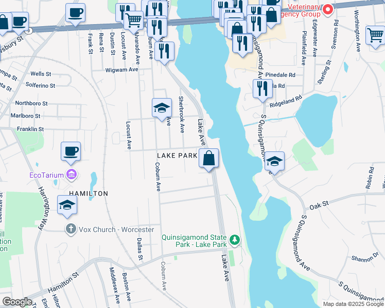 map of restaurants, bars, coffee shops, grocery stores, and more near 55 Sherbrook Avenue in Worcester