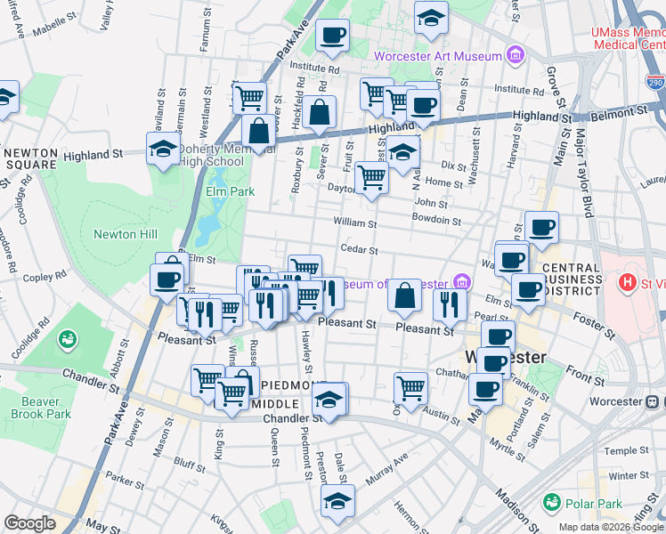 map of restaurants, bars, coffee shops, grocery stores, and more near 82 Elm Street in Worcester