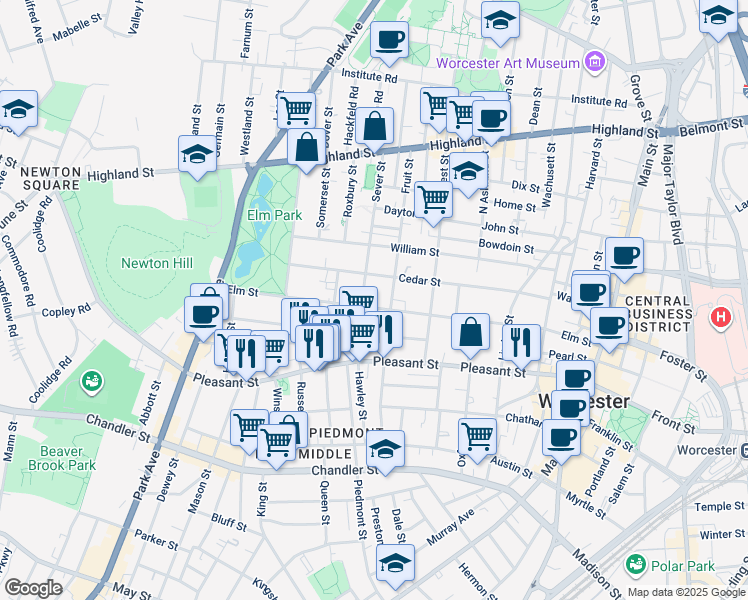 map of restaurants, bars, coffee shops, grocery stores, and more near 82 Elm Street in Worcester