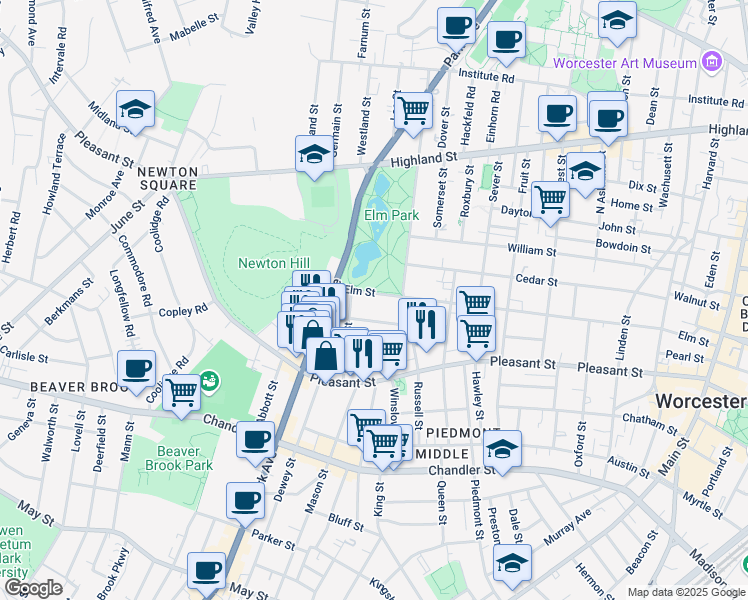 map of restaurants, bars, coffee shops, grocery stores, and more near 40 Blossom Street in Worcester