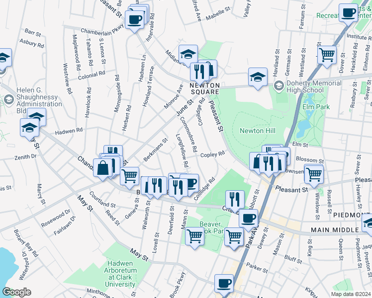map of restaurants, bars, coffee shops, grocery stores, and more near 59 Longfellow Road in Worcester