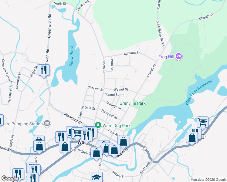 map of restaurants, bars, coffee shops, grocery stores, and more near 7 School Street in Ware