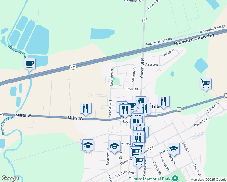 map of restaurants, bars, coffee shops, grocery stores, and more near 42 Vanier Drive in Tilbury