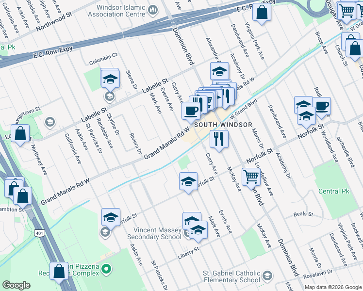 map of restaurants, bars, coffee shops, grocery stores, and more near 3101 Everts Avenue in Windsor