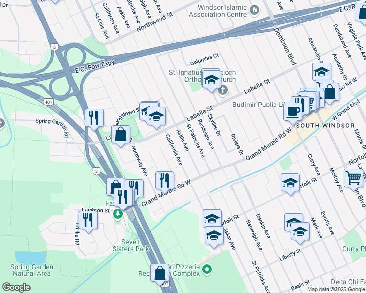 map of restaurants, bars, coffee shops, grocery stores, and more near 2905 Askin Avenue in Windsor