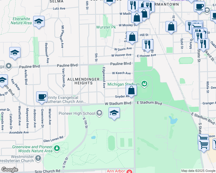 map of restaurants, bars, coffee shops, grocery stores, and more near 515 Berkley Avenue in Ann Arbor