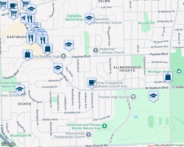map of restaurants, bars, coffee shops, grocery stores, and more near 1319 Ardmoor Avenue in Ann Arbor