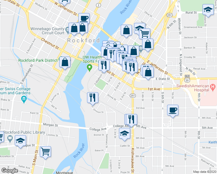 map of restaurants, bars, coffee shops, grocery stores, and more near 6619 South 1st Street in Rockford