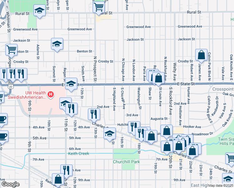 map of restaurants, bars, coffee shops, grocery stores, and more near 130 South Highland Avenue in Rockford