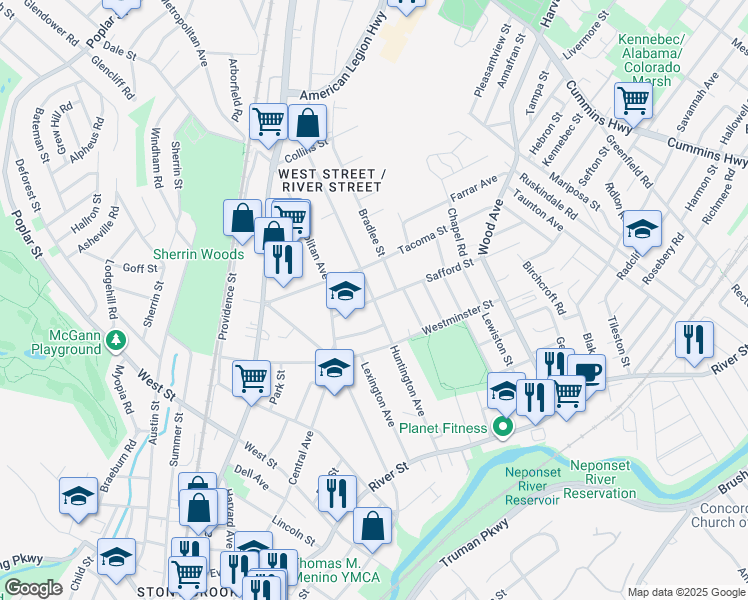 map of restaurants, bars, coffee shops, grocery stores, and more near Huntington Avenue in Boston