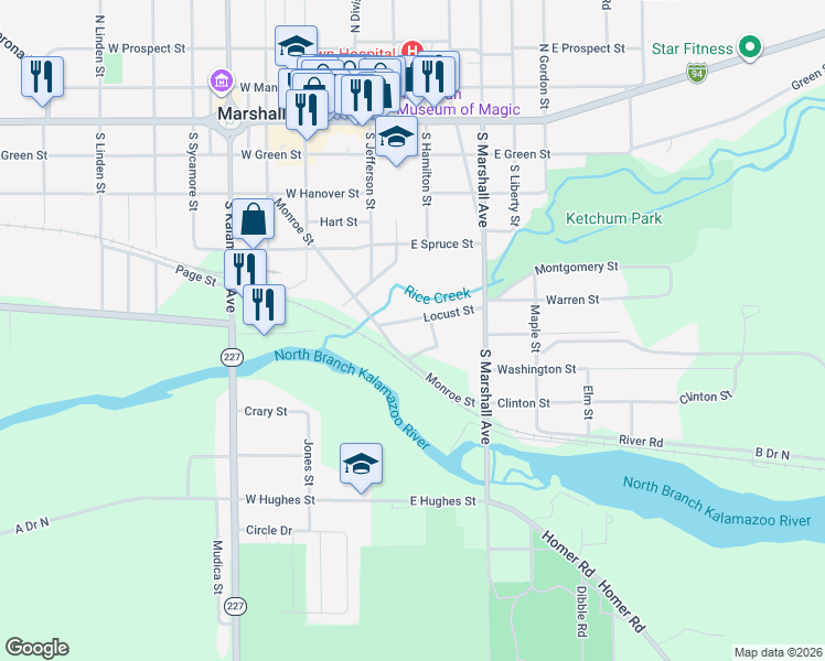 map of restaurants, bars, coffee shops, grocery stores, and more near 209 Walnut Street in Marshall