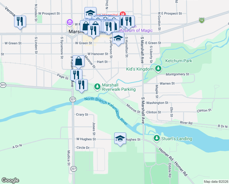 map of restaurants, bars, coffee shops, grocery stores, and more near 605 Monroe Street in Marshall