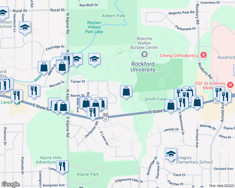 map of restaurants, bars, coffee shops, grocery stores, and more near 197 Flintridge Drive in Rockford