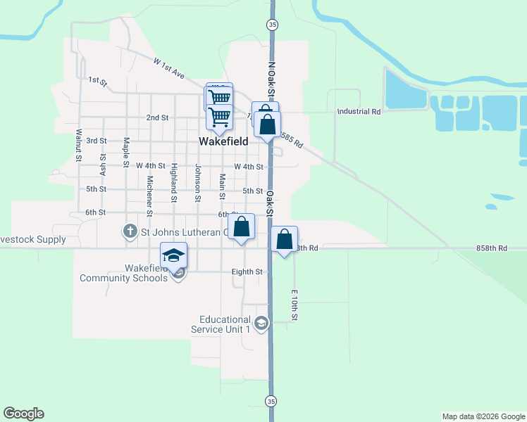 map of restaurants, bars, coffee shops, grocery stores, and more near 610 Oak Street in Wakefield