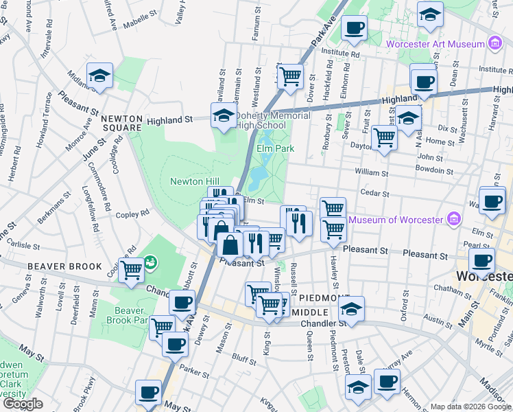 map of restaurants, bars, coffee shops, grocery stores, and more near 40 Blossom Street in Worcester