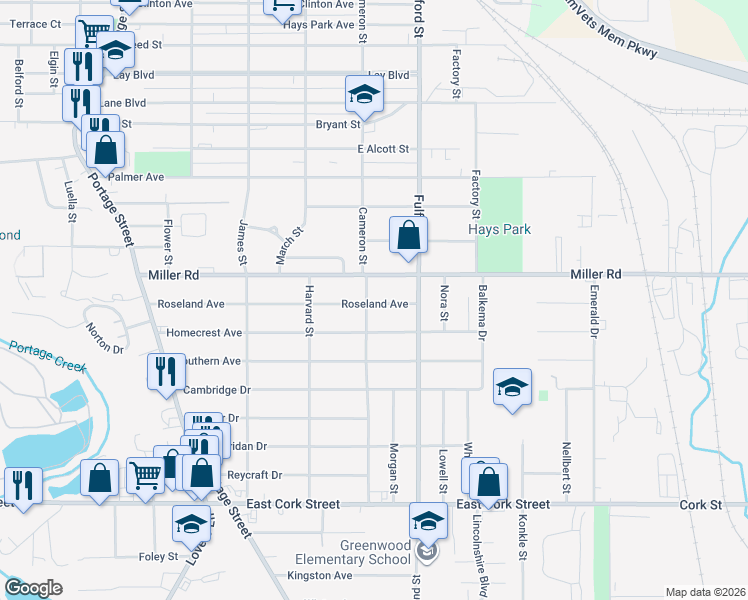 map of restaurants, bars, coffee shops, grocery stores, and more near 1629 Roseland Avenue in Kalamazoo
