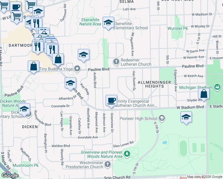 map of restaurants, bars, coffee shops, grocery stores, and more near 1319 Ardmoor Avenue in Ann Arbor