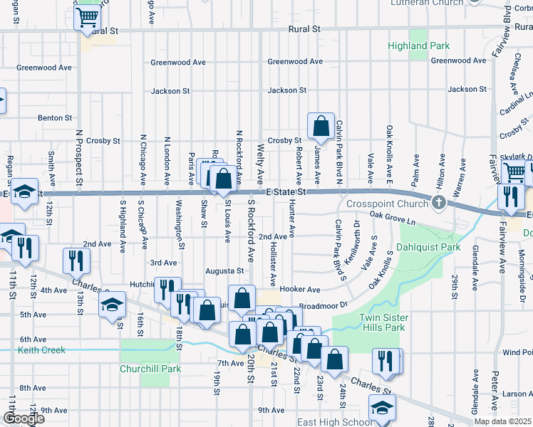 map of restaurants, bars, coffee shops, grocery stores, and more near 215 Hollister Avenue in Rockford