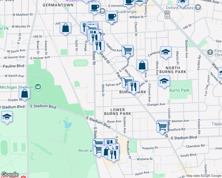 map of restaurants, bars, coffee shops, grocery stores, and more near 910 Dewey Avenue in Ann Arbor