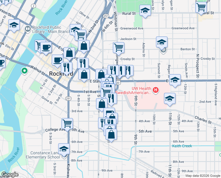 map of restaurants, bars, coffee shops, grocery stores, and more near 102 7th Street in Rockford