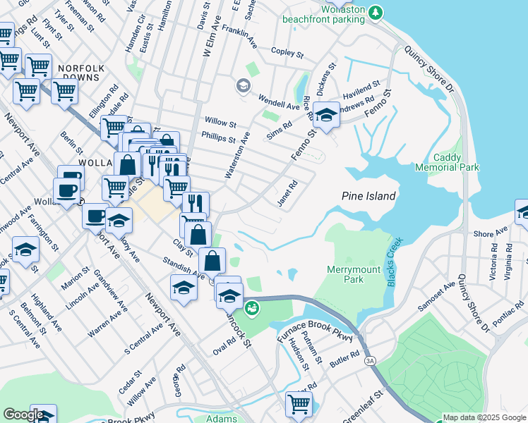map of restaurants, bars, coffee shops, grocery stores, and more near 139 Greene Street in Quincy