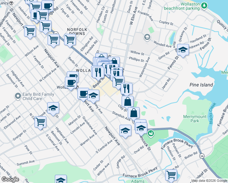 map of restaurants, bars, coffee shops, grocery stores, and more near 743-771 Hancock Street in Quincy