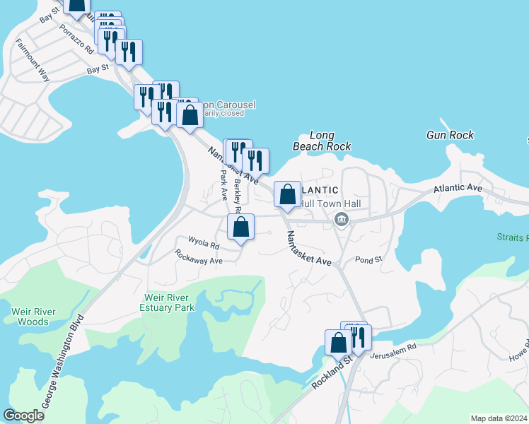 map of restaurants, bars, coffee shops, grocery stores, and more near 17 Rockland House Road in Hull