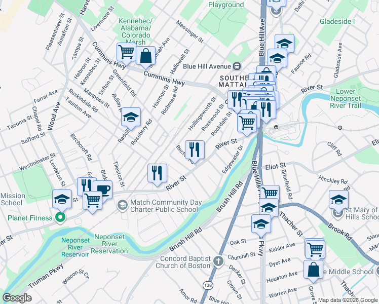 map of restaurants, bars, coffee shops, grocery stores, and more near 16 Rector Road in Boston