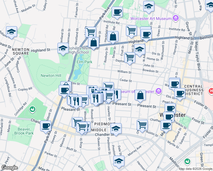 map of restaurants, bars, coffee shops, grocery stores, and more near 96 Elm Street in Worcester