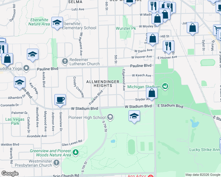 map of restaurants, bars, coffee shops, grocery stores, and more near 1216 Hutchins Avenue in Ann Arbor