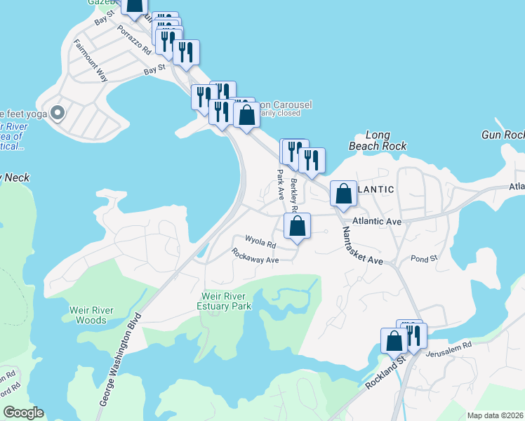 map of restaurants, bars, coffee shops, grocery stores, and more near 17 Rockland Circle in Hull