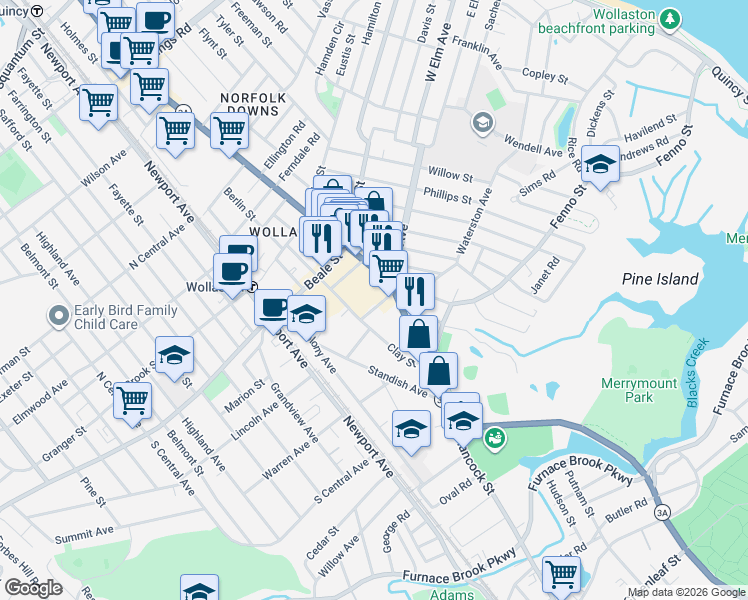 map of restaurants, bars, coffee shops, grocery stores, and more near 743-771 Hancock Street in Quincy