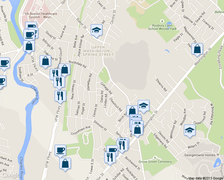 map of restaurants, bars, coffee shops, grocery stores, and more near 95 Grove Street in Boston
