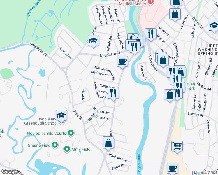 map of restaurants, bars, coffee shops, grocery stores, and more near 20 Beacon Street in Dedham