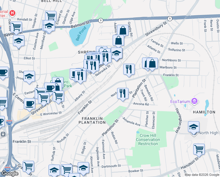 map of restaurants, bars, coffee shops, grocery stores, and more near 550 Franklin Street in Worcester