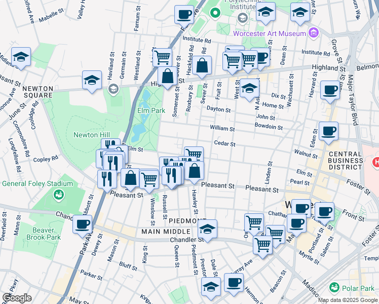 map of restaurants, bars, coffee shops, grocery stores, and more near 96 Elm Street in Worcester