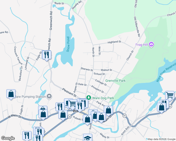 map of restaurants, bars, coffee shops, grocery stores, and more near 116 North Street in Ware