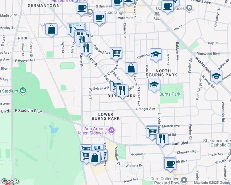 map of restaurants, bars, coffee shops, grocery stores, and more near 933 Woodlawn Avenue in Ann Arbor