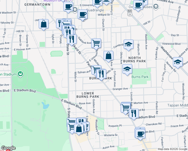 map of restaurants, bars, coffee shops, grocery stores, and more near 933 Woodlawn Avenue in Ann Arbor