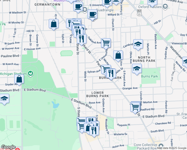 map of restaurants, bars, coffee shops, grocery stores, and more near 910 Dewey Avenue in Ann Arbor